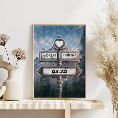Personalisiertes Poster Wegweiser Wald am Morgen Vintage mit Namen