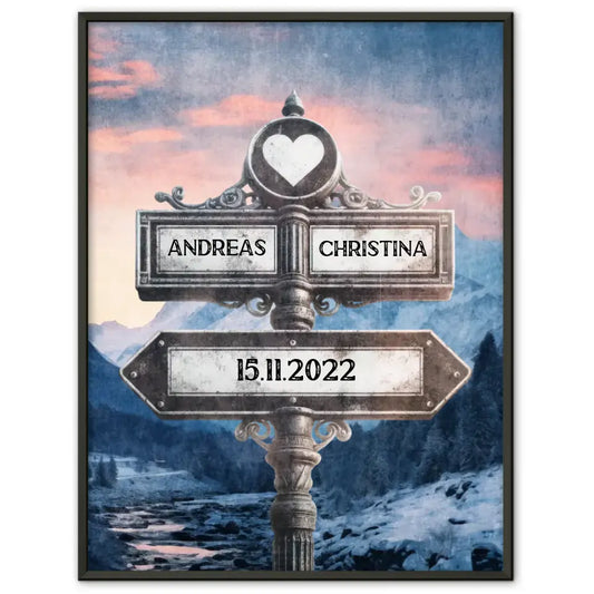 Personalisiertes Poster Paare Wegweiser Berg Fluss Vintage mit Namen & Datum