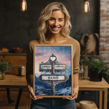 Personalisiertes Poster Paare Wegweiser Berg Fluss Vintage mit Namen & Datum