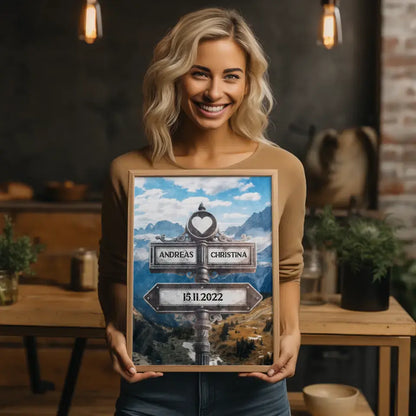 Poster personalisiert Wegweiser Alpen Blick Vintage für Paare