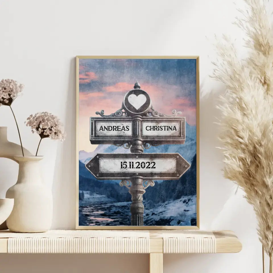 Personalisiertes Poster Paare Wegweiser Berg Fluss Vintage mit Namen & Datum