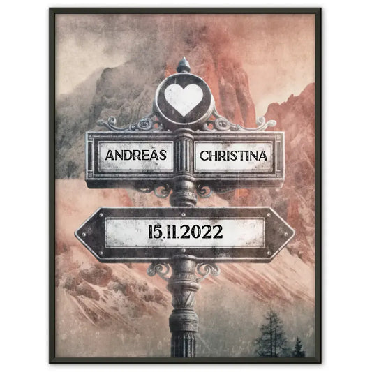 Liebes Poster Wegweiser mit Herz Dolomiten Vintage mit Namen & Datum