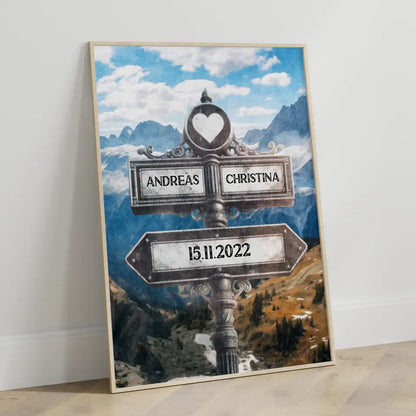 Poster personalisiert Wegweiser Alpen Blick Vintage für Paare