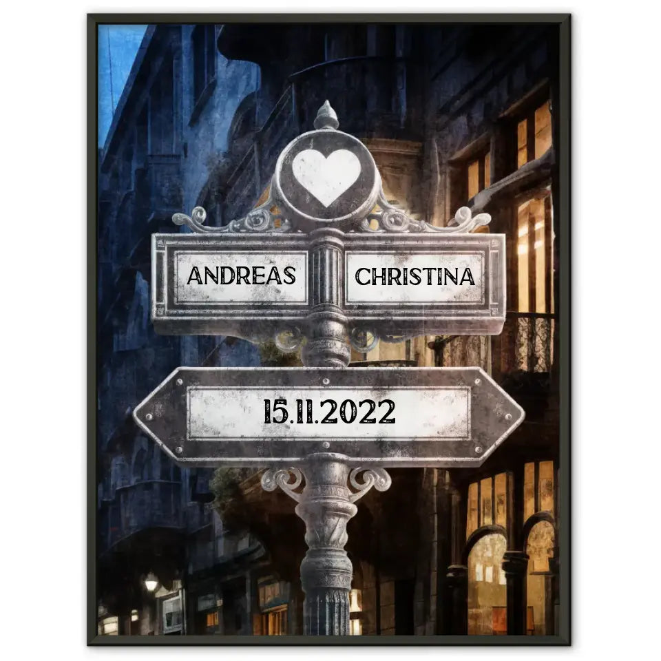 Personalisiertes Poster Paare Herz Wegweiser Oldtown Vintage für Paare