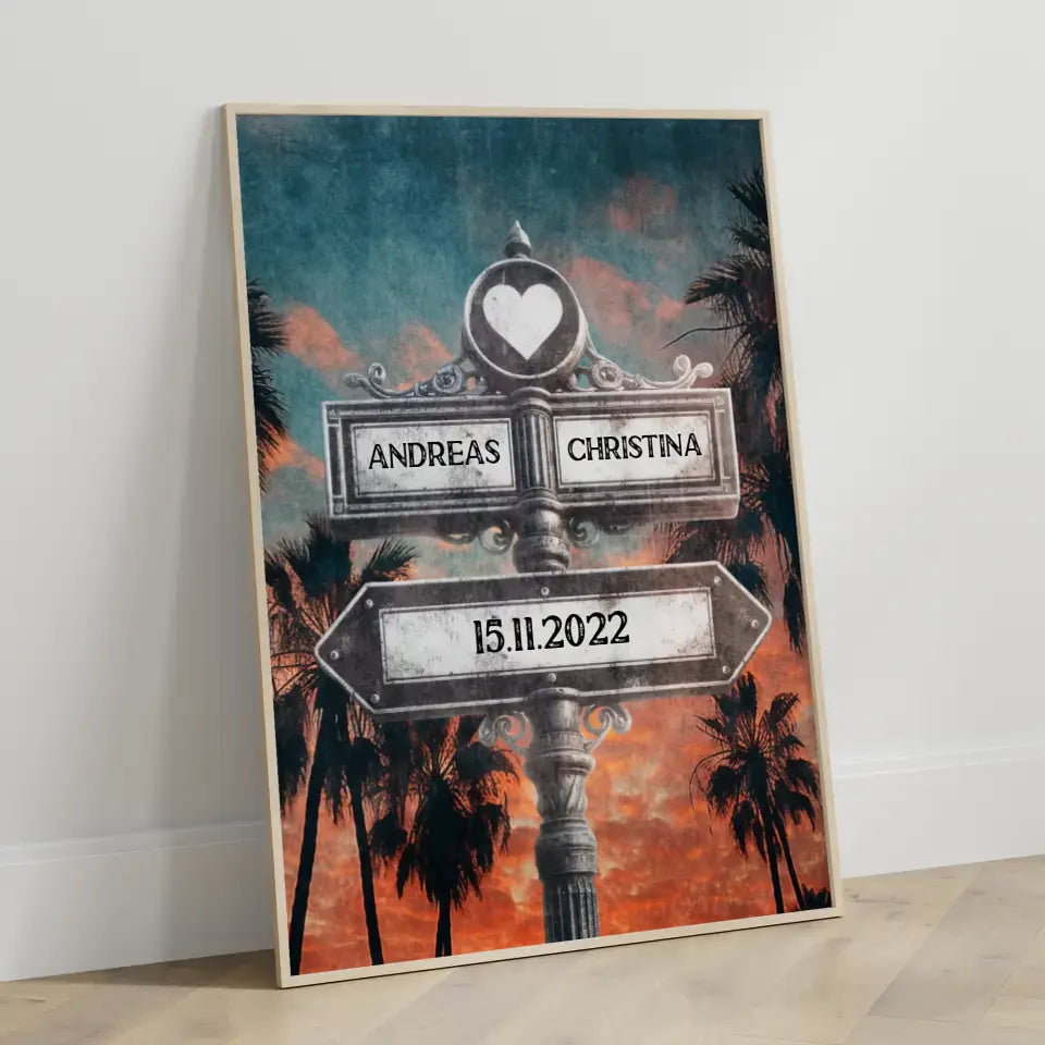 Poster personalisiert Wegweiser Palm Sunset Vintage mit Namen & Datum