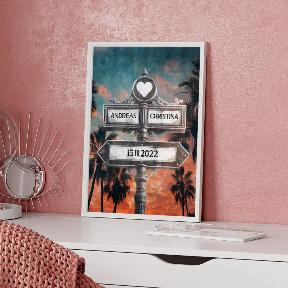 Poster personalisiert Wegweiser Palm Sunset Vintage mit Namen & Datum