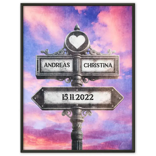 Personalisiertes Poster Liebe Herz Wegweiser Lila Wolken Vintage