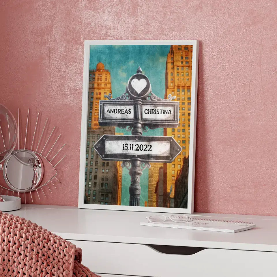 Poster personalisiert Wegweiser mit Herz New York Vintage für Paare