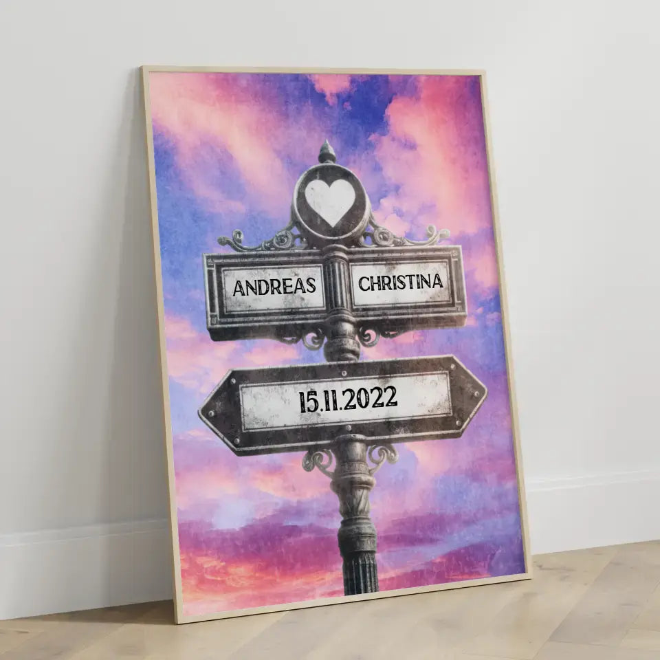 Personalisiertes Poster Liebe Herz Wegweiser Lila Wolken Vintage
