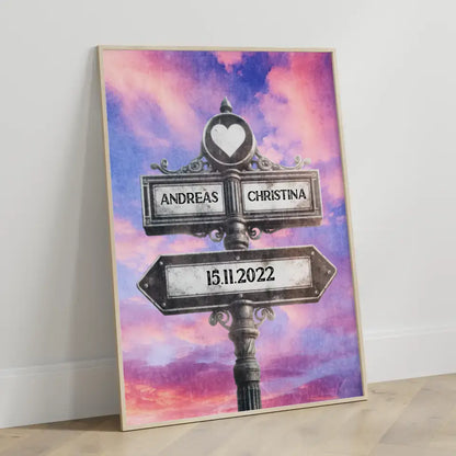 Personalisiertes Poster Liebe Herz Wegweiser Lila Wolken Vintage