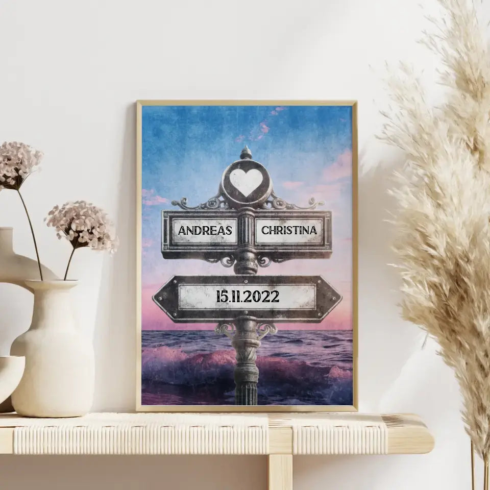 Poster personalisiert Wegweiser Meer Vintage mit Namen & Datum