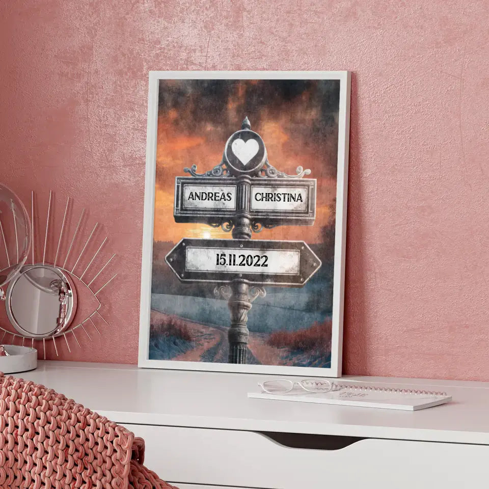 Personalisiertes Poster Paare Wegweiser mit Herz Winter Traum Vintage für Paare