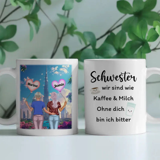 Personalisierte Tasse Schwester Schwestern sind wie Kaffe & Milch Dolomiten