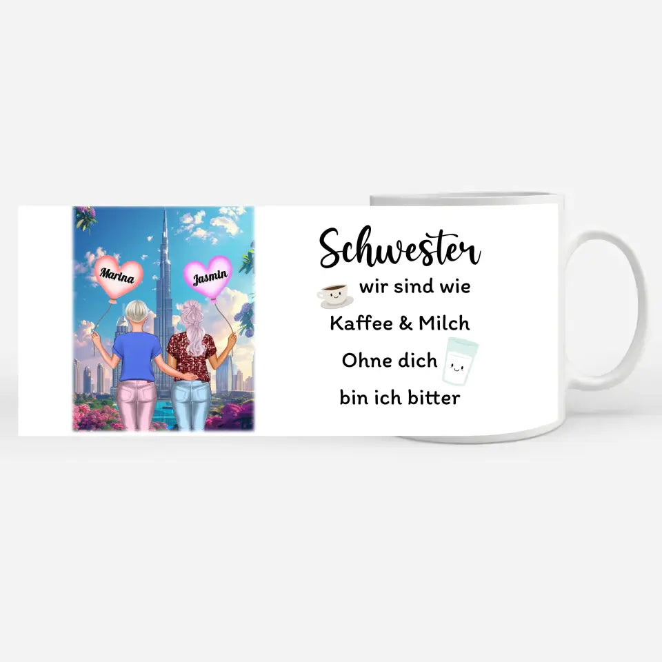 Personalisierte Tasse Schwester Schwestern sind wie Kaffe & Milch Dolomiten