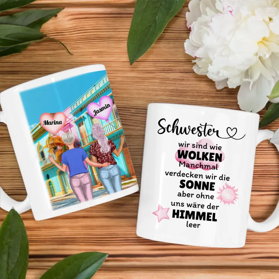 Personalisierte Tasse Schwester Schwestern sind wie Wolken Insel Urlaub