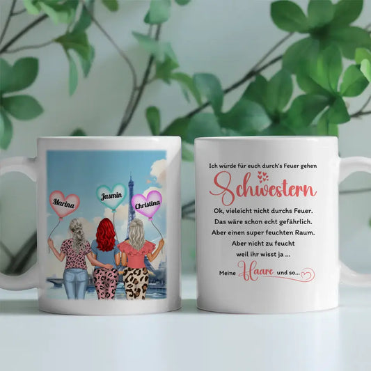 Personalisierte Tasse Schwester Durchs Feuer gehen Schwestern Rot Shopping City