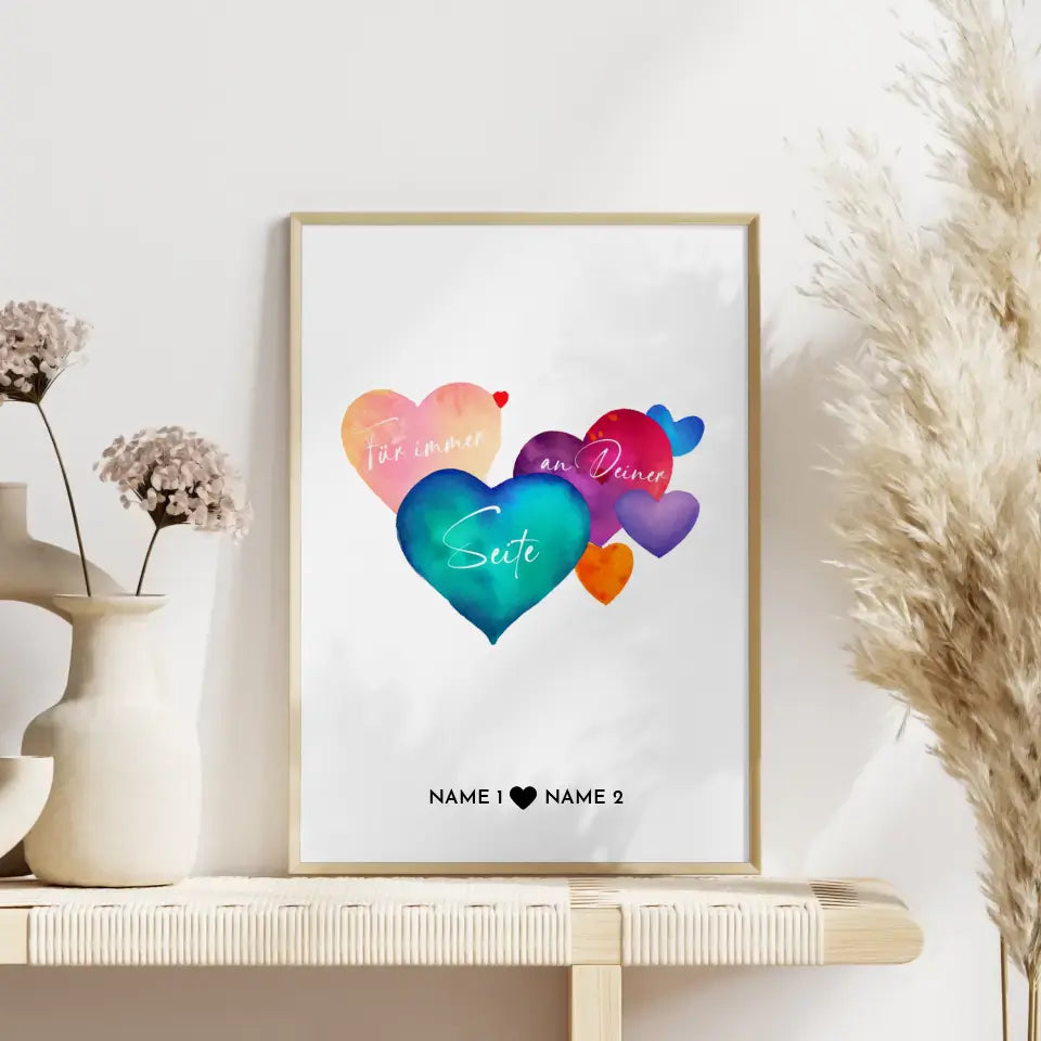 Personalisiertes Liebes Poster Wasserfarben Herzen Mit Namen