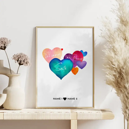 Personalisiertes Liebes Poster Wasserfarben Herzen Mit Namen