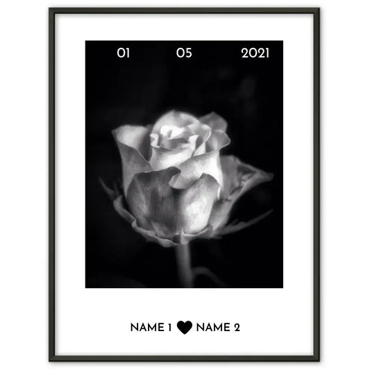 Personalisiertes Poster Liebe Rose Schwarz Weiß Mit Datum & Namen