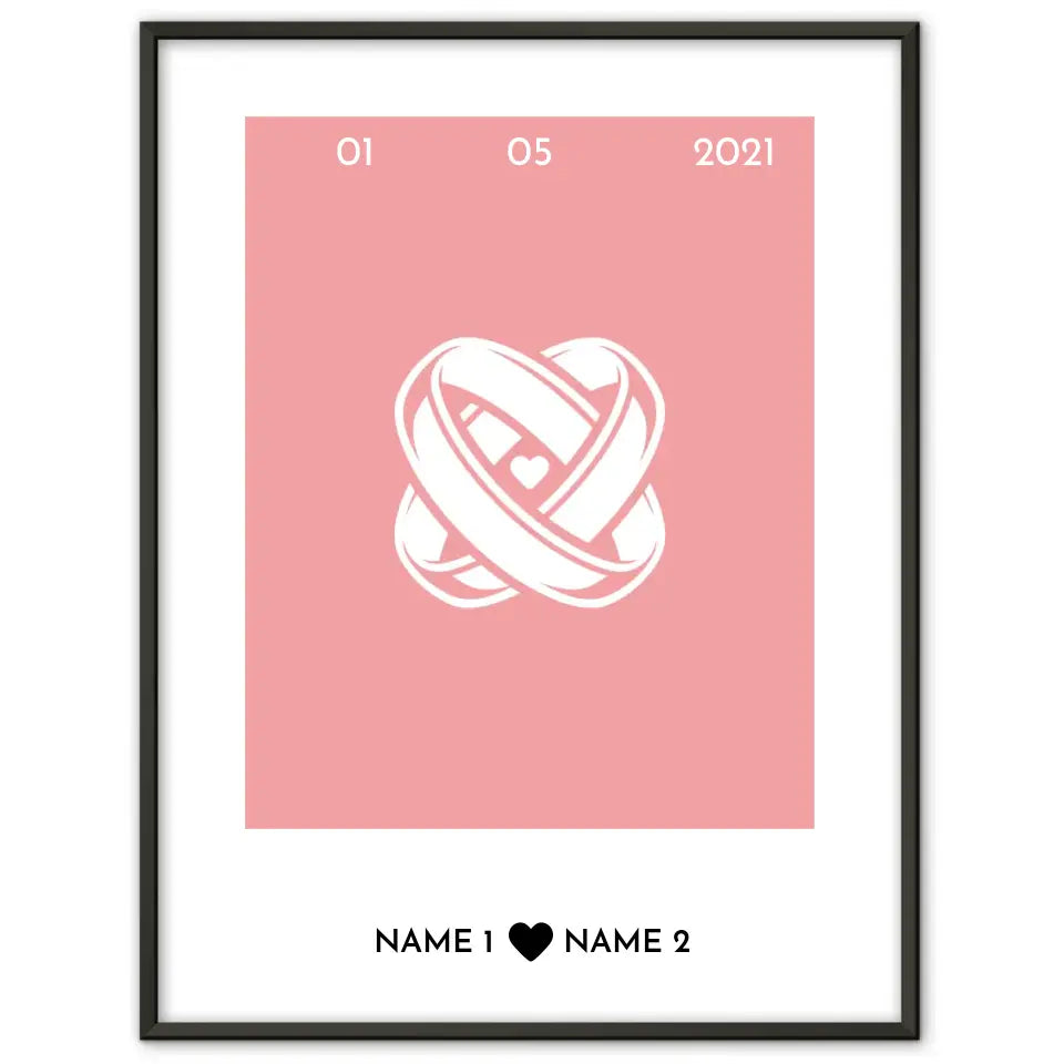 Personalisiertes Poster Liebe Herz Ringe Mit Datum & Namen