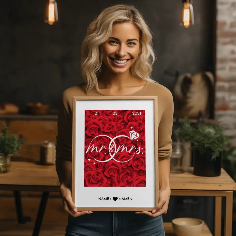 Personalisiertes Poster Liebe Mr Mrs Ringe Rosen Mit Datum & Namen