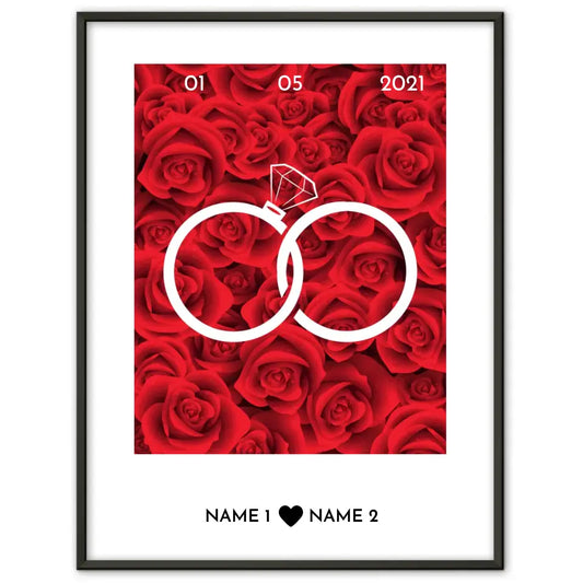 Personalisiertes Poster Liebe Eheringe Rosen Mit Datum & Namen