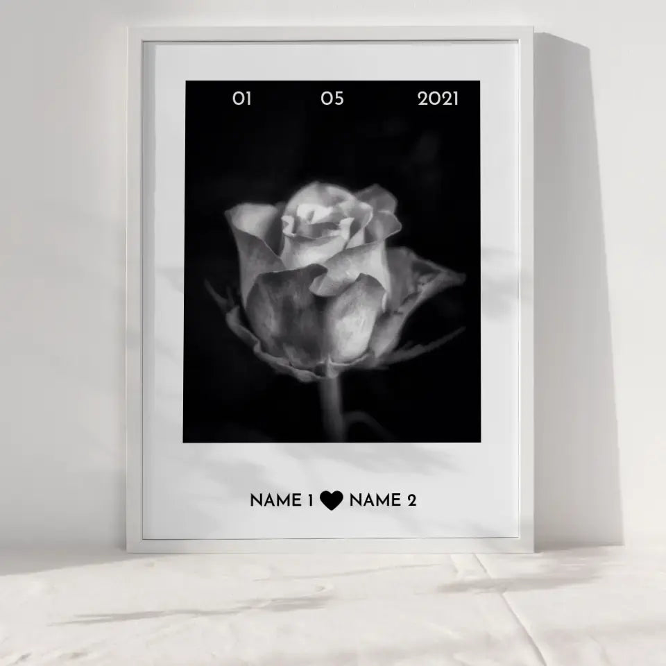 Personalisiertes Poster Liebe Rose Schwarz Weiß Mit Datum & Namen