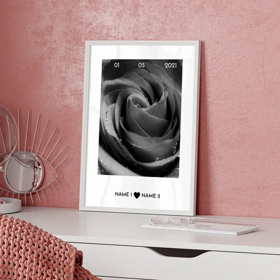 Personalisiertes Poster Liebe Graue Rose Mit Datum & Namen