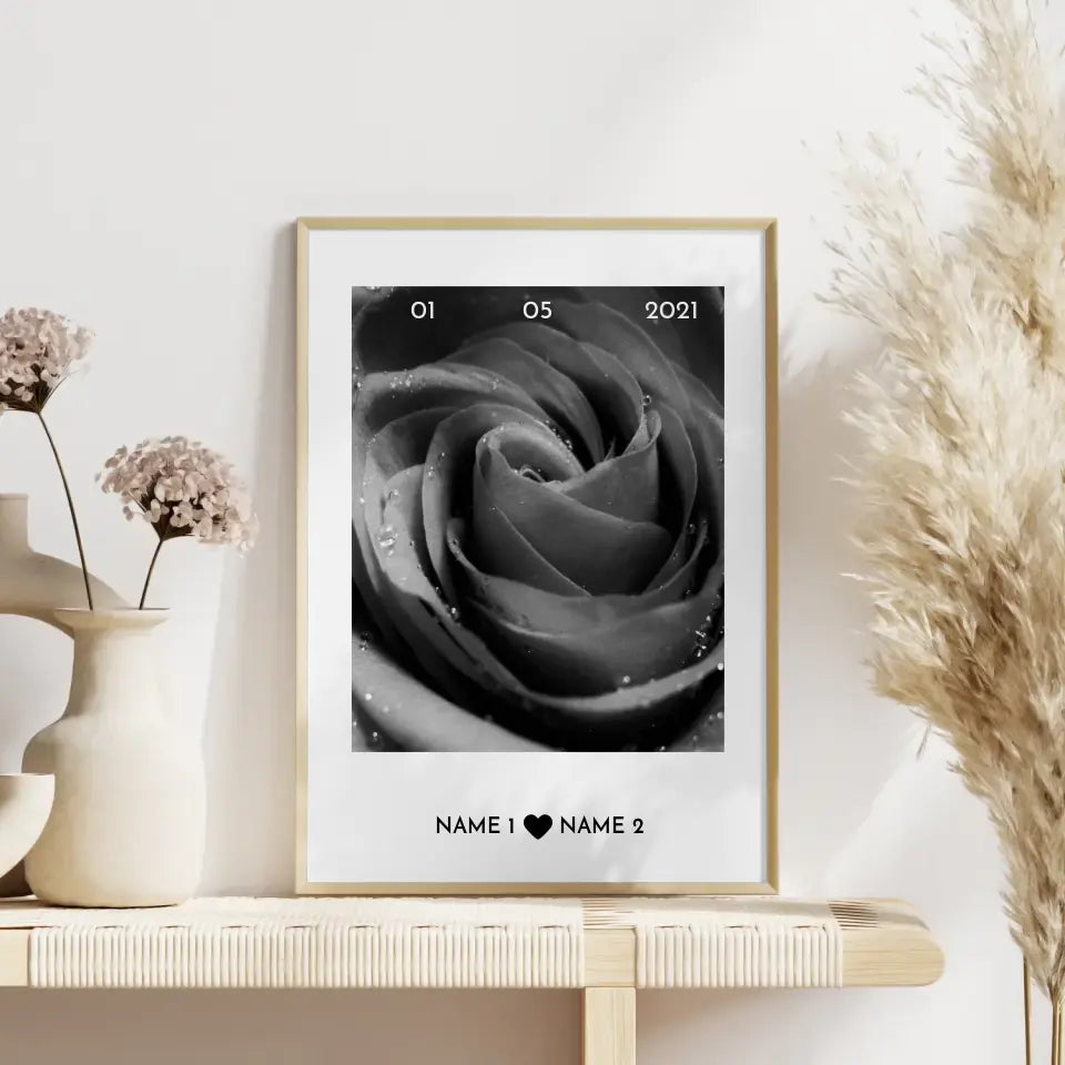 Personalisiertes Poster Liebe Graue Rose Mit Datum & Namen