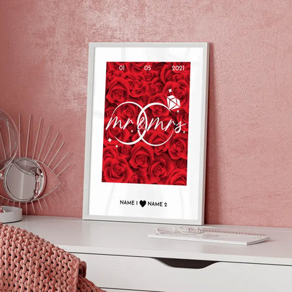 Personalisiertes Poster Liebe Mr Mrs Ringe Rosen Mit Datum & Namen