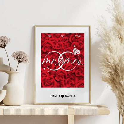 Personalisiertes Poster Liebe Mr Mrs Ringe Rosen Mit Datum & Namen