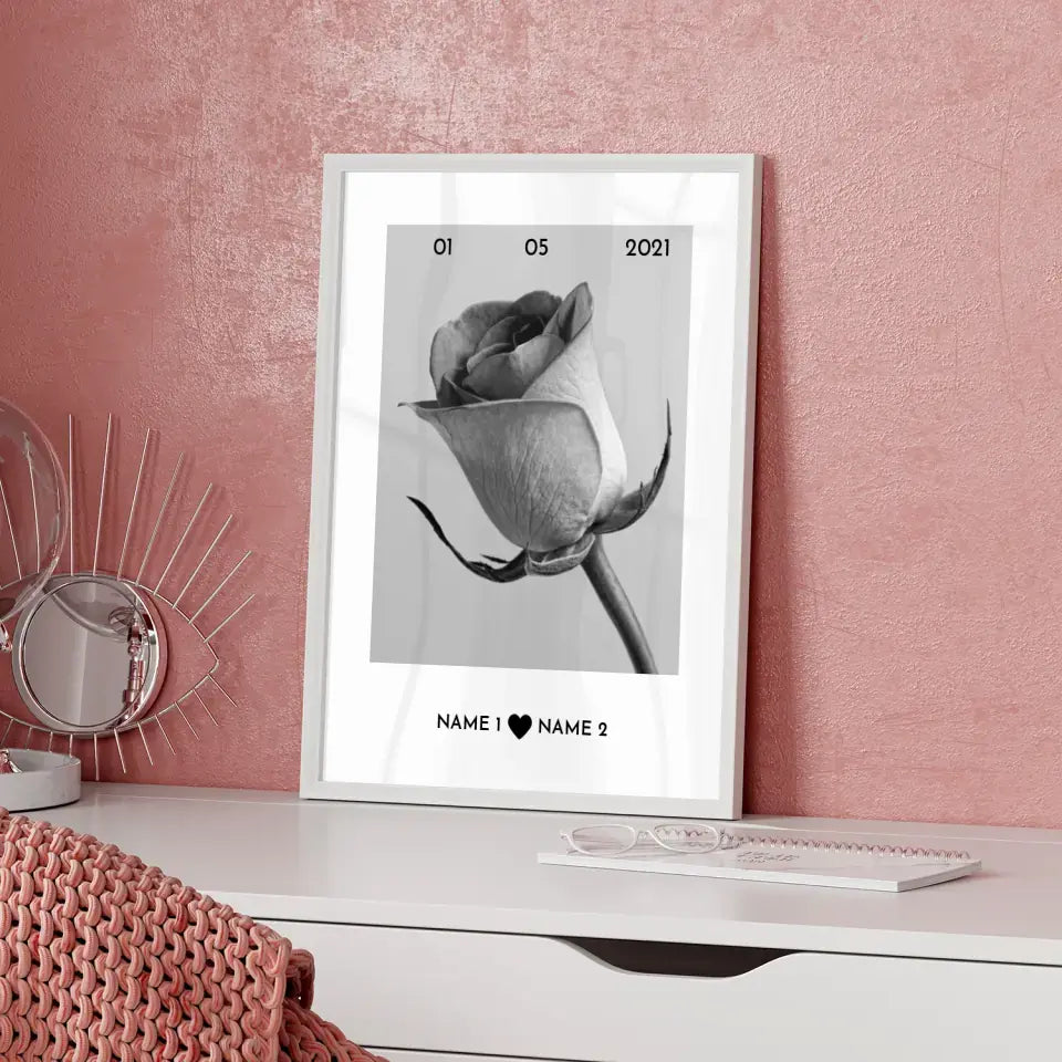 Personalisiertes Poster Liebe Weiße Rose Mit Datum & Namen