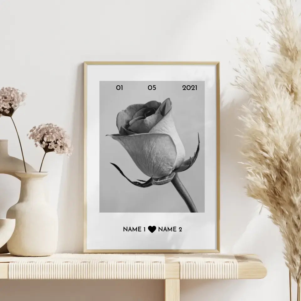 Personalisiertes Poster Liebe Weiße Rose Mit Datum & Namen