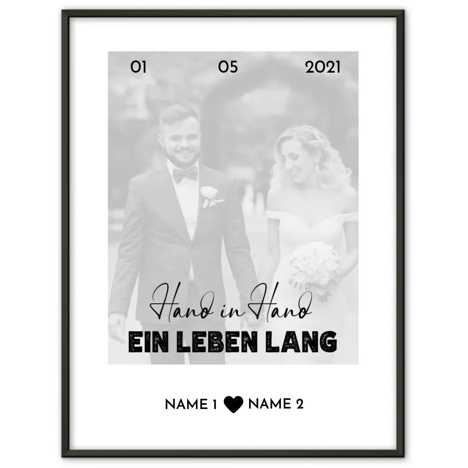 Personalisiertes Poster Liebe Hand in Hand White Mit Datum Foto & Namen