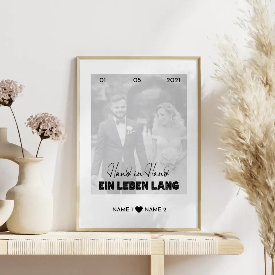 Personalisiertes Poster Liebe Hand in Hand White Mit Datum Foto & Namen
