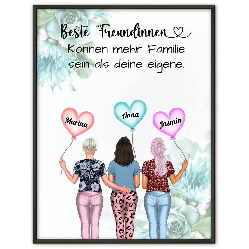 Personalisiertes Poster 3 Freundinnen Familie Für 2 bis 4 Freundinnen