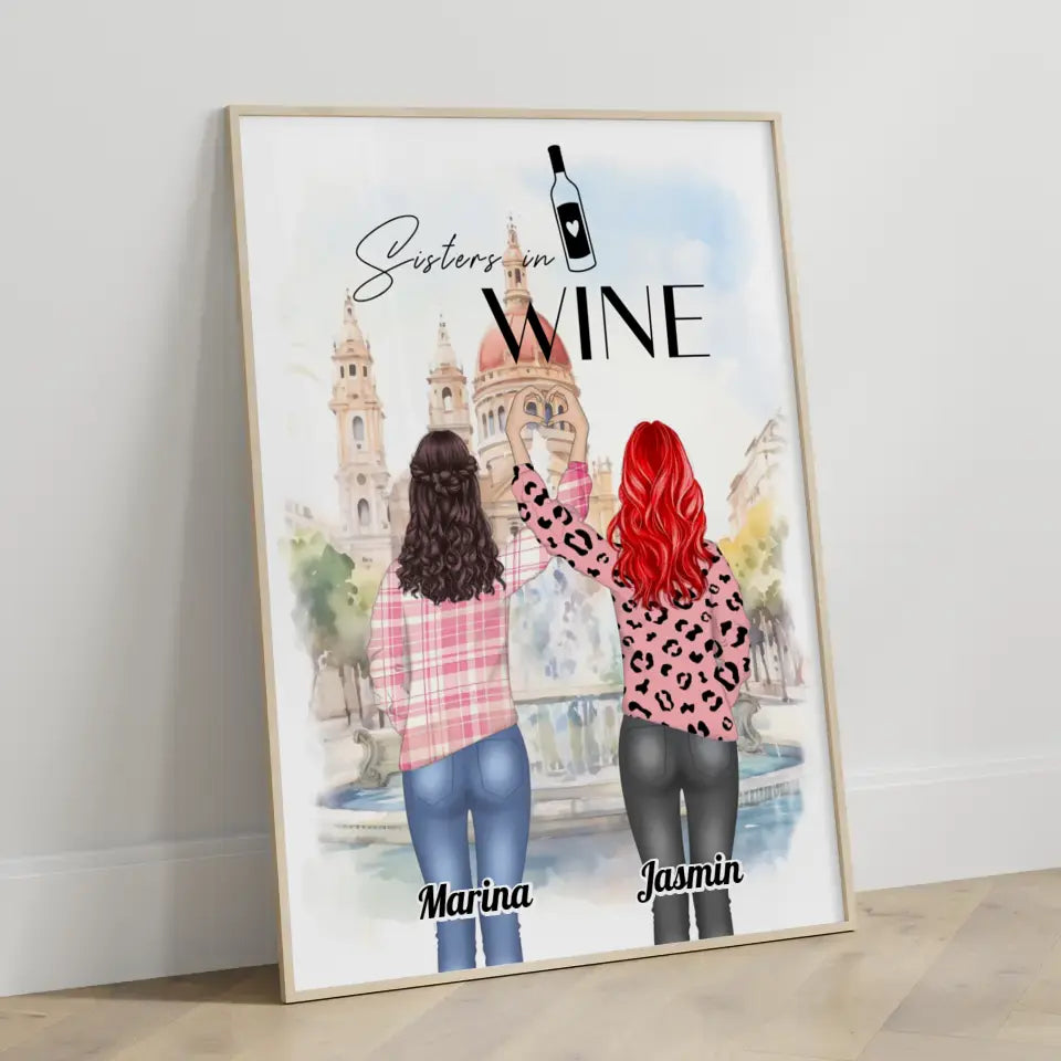 Personalisiertes Poster Beste Freundin Sisters in Wine Herz Hände 3