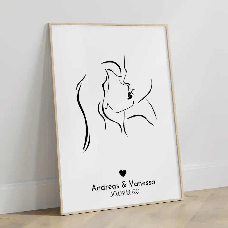 Personalisiertes Liebesposter Art Line Erster Kuss Ich liebe dich Mit Namen und Datum