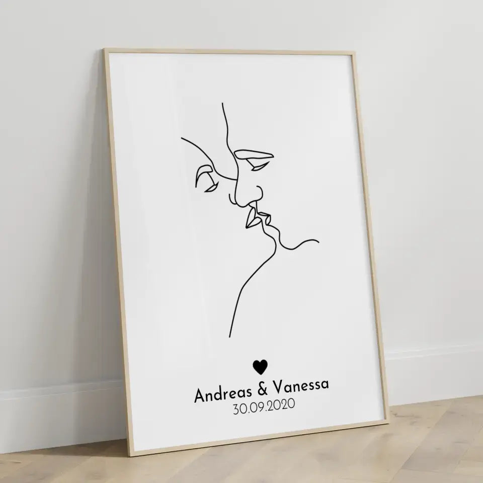 Personalisiertes Liebesposter Art Line Erster Küssende Liebe Mit Namen und Datum