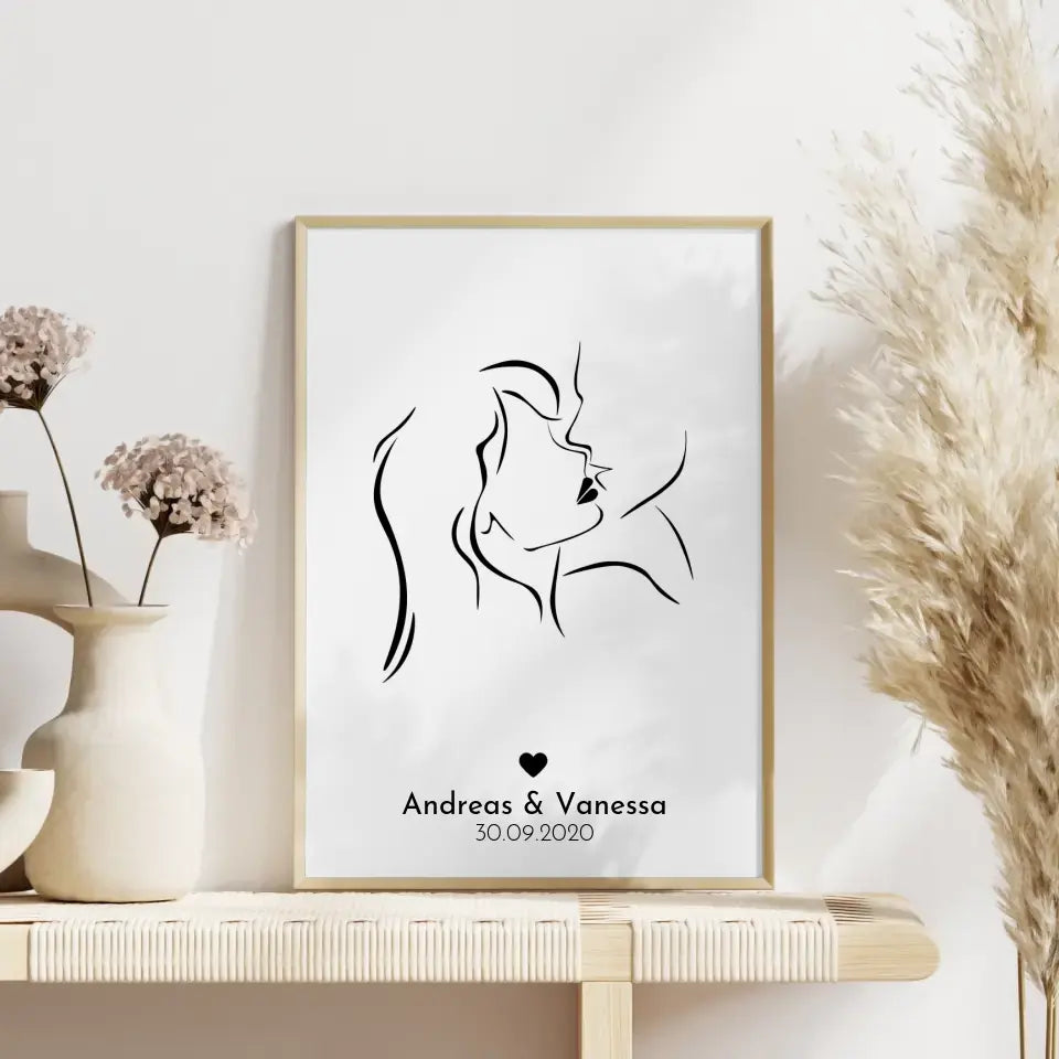 Personalisiertes Liebesposter Art Line Erster Kuss Ich liebe dich Mit Namen und Datum