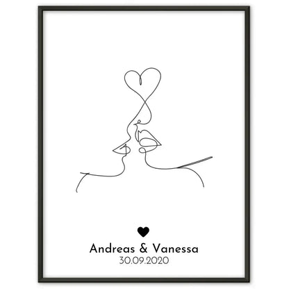 Personalisiertes Liebesposter Art Line Erster Kuss Mit Namen und Datum