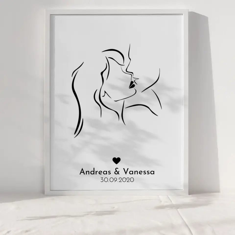 Personalisiertes Liebesposter Art Line Erster Kuss Ich liebe dich Mit Namen und Datum