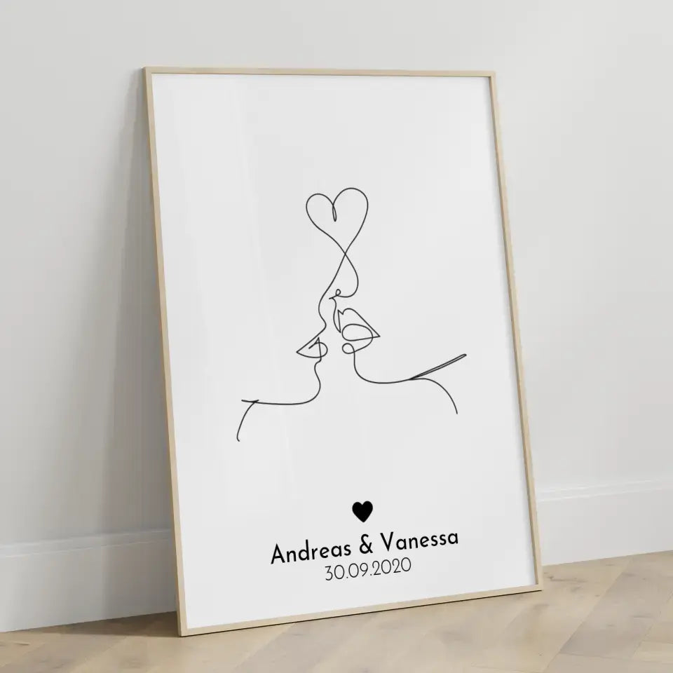 Personalisiertes Liebesposter Art Line Erster Kuss Mit Namen und Datum