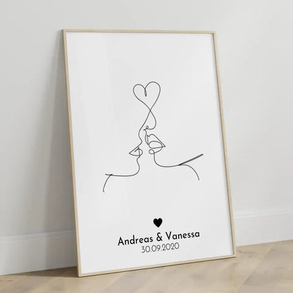 Personalisiertes Liebesposter Art Line Erster Kuss Mit Namen und Datum
