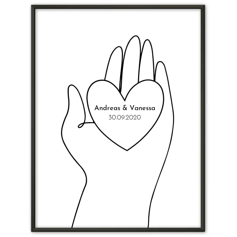 Personalisiertes Liebesposter Hand hält Herz Line Art Mit Namen und Datum
