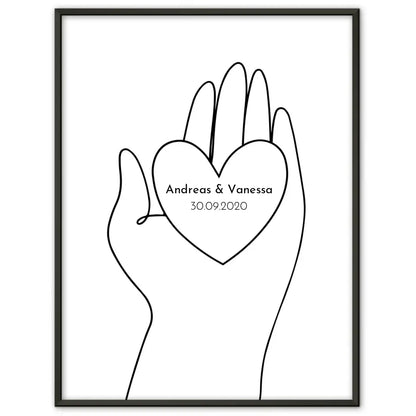 Personalisiertes Liebesposter Hand hält Herz Line Art Mit Namen und Datum