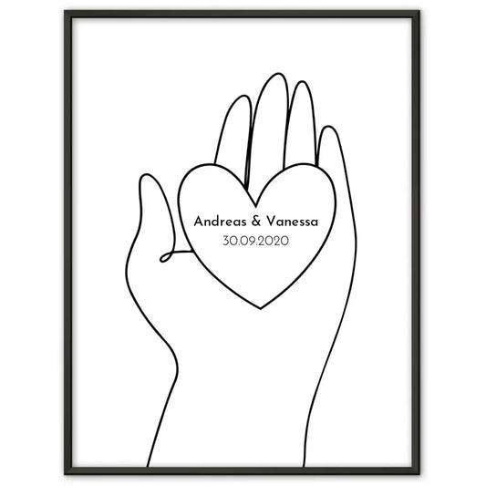 Personalisiertes Liebesposter Hand hält Herz Line Art Mit Namen und Datum