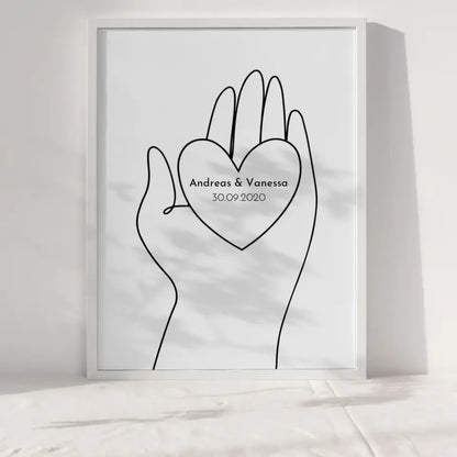 Personalisiertes Liebesposter Hand hält Herz Line Art Mit Namen und Datum