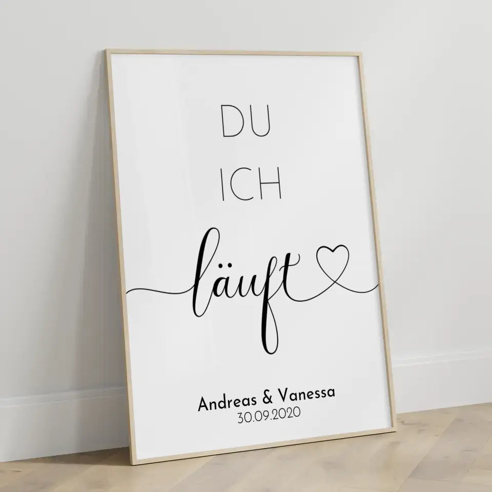 Personalisiertes Liebesposter DU ICH LÄUFT mit Herzen Mit Namen und Datum