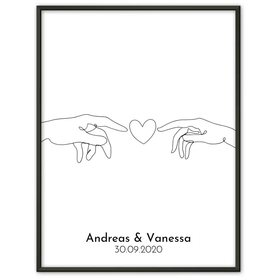 Personalisiertes Liebesposter Hand hält Herz Line Art Mit Namen und Datum